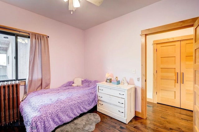 251 Fawn Mdw, Manhattan, MT 59741 - bedroom with radiator, wood finished floors, and ceiling fan