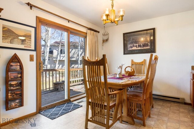 490 Secretariat Cir, Belgrade, MT 59714 - dining space with baseboards, a notable chandelier, baseboard heating, and beverage cooler