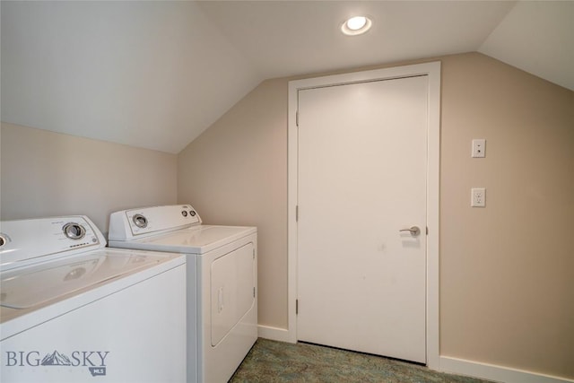 clothes washing area with recessed lighting, carpet, laundry area, baseboards, and washer and dryer