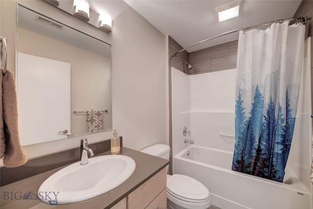full bath with toilet, vanity, shower / tub combo with curtain, and visible vents