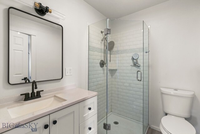 full bath featuring a shower stall, vanity, and toilet