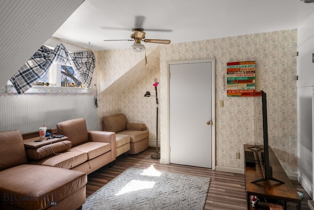 220 4th Ave E, Three Forks, MT 59752 - living room featuring baseboards, a ceiling fan, wood finished floors, and wallpapered walls