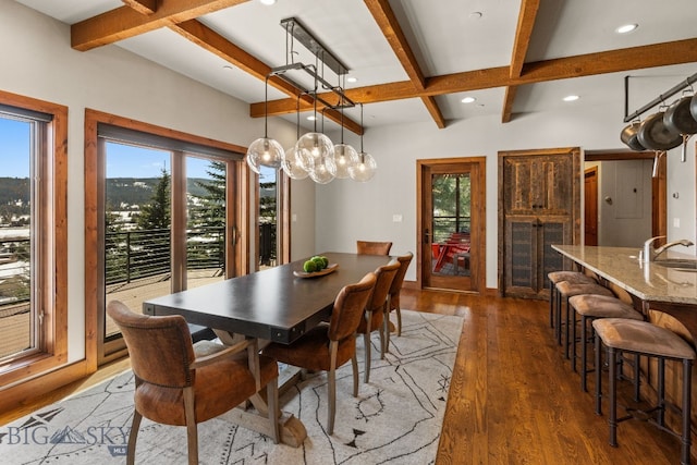2430 Two Gun White Calf Rd, Big Sky, MT 59716 - dining room featuring coffered ceiling, healthy amount of natural light, beamed ceiling, wood finished floors, and recessed lighting
