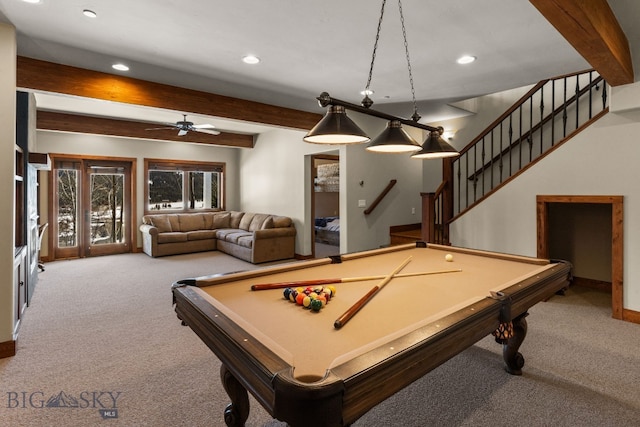 2430 Two Gun White Calf Rd, Big Sky, MT 59716 - recreation room with carpet floors, recessed lighting, ceiling fan, beamed ceiling, and billiards table