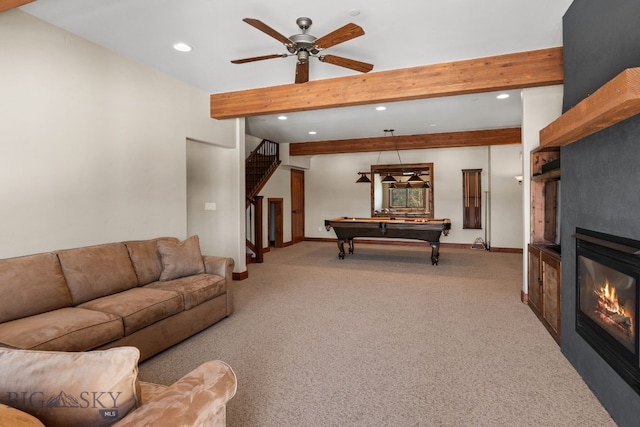 2430 Two Gun White Calf Rd, Big Sky, MT 59716 - living room with beam ceiling, recessed lighting, stairs, light colored carpet, and pool table