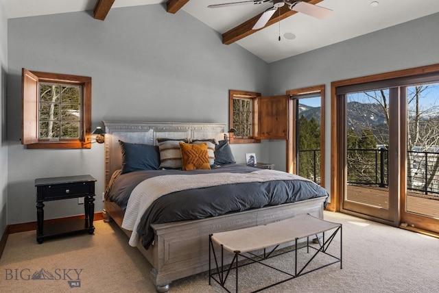 2430 Two Gun White Calf Rd, Big Sky, MT 59716 - bedroom with access to outside, beamed ceiling, light carpet, multiple windows, and high vaulted ceiling