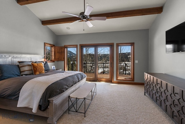2430 Two Gun White Calf Rd, Big Sky, MT 59716 - bedroom with access to outside, light colored carpet, and a ceiling fan