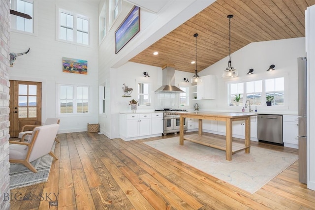 992 Deer Haven Dr, Deer Lodge, MT 59722 - kitchen with appliances with stainless steel finishes, wall chimney exhaust hood, light wood-type flooring, open shelves, and high vaulted ceiling
