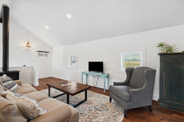 992 Deer Haven Dr, Deer Lodge, MT 59722 - living area featuring a wood stove, wood finished floors, lofted ceiling, recessed lighting, and baseboards