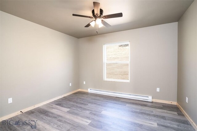 unfurnished room featuring a baseboard heating unit, wood finished floors, baseboards, and ceiling fan
