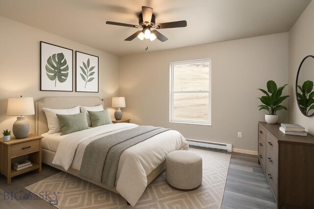bedroom with a baseboard heating unit, baseboards, a ceiling fan, and wood finished floors