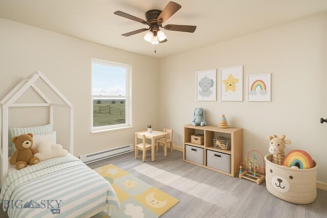 bedroom featuring a baseboard radiator, light wood-type flooring, a ceiling fan, and baseboards
