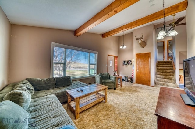 5585 W Cameron Bridge Rd, Manhattan, MT 59741 - living room with carpet floors, stairs, a chandelier, and beamed ceiling
