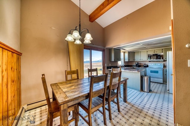 5585 W Cameron Bridge Rd, Manhattan, MT 59741 - dining area featuring high vaulted ceiling, beamed ceiling, a chandelier, baseboard heating, and light floors