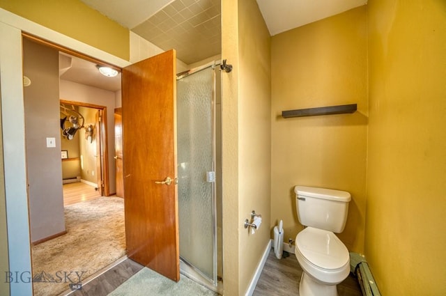 5585 W Cameron Bridge Rd, Manhattan, MT 59741 - bathroom with wood finished floors, a stall shower, a baseboard radiator, and baseboard heating