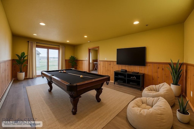 5585 W Cameron Bridge Rd, Manhattan, MT 59741 - game room featuring wainscoting, wood finished floors, pool table, wood walls, and recessed lighting