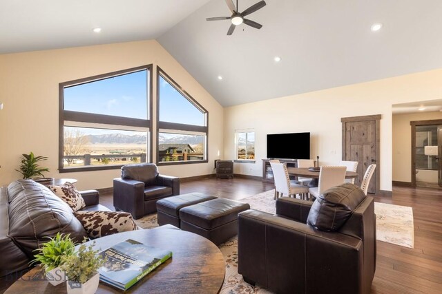 9 Cedar Ct, Ennis, MT 59751 - living room featuring ceiling fan, wood finished floors, high vaulted ceiling, and recessed lighting