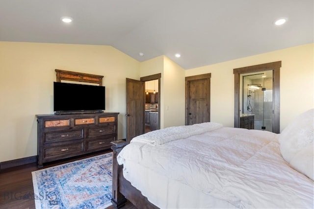 9 Cedar Ct, Ennis, MT 59751 - bedroom featuring lofted ceiling, wood finished floors, recessed lighting, and ensuite bath