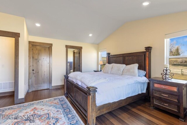 9 Cedar Ct, Ennis, MT 59751 - bedroom with lofted ceiling, dark wood-style floors, and recessed lighting