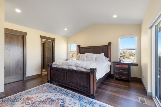 9 Cedar Ct, Ennis, MT 59751 - bedroom with dark wood-style flooring, vaulted ceiling, multiple windows, and recessed lighting