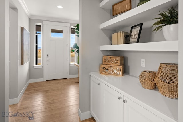 foyer entrance featuring crown molding, light wood-style floors, baseboards, and a healthy amount of sunlight