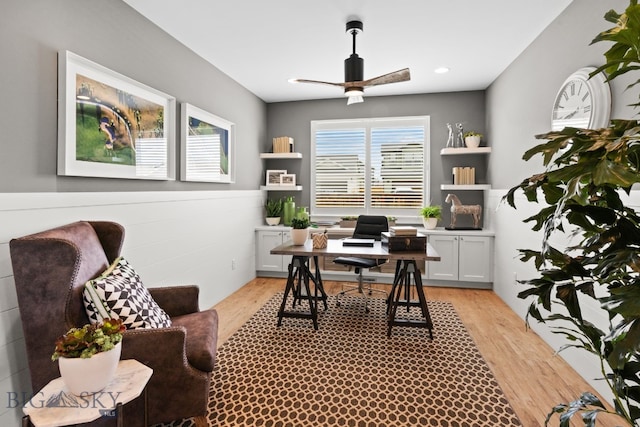 office featuring recessed lighting, light wood-style flooring, and ceiling fan
