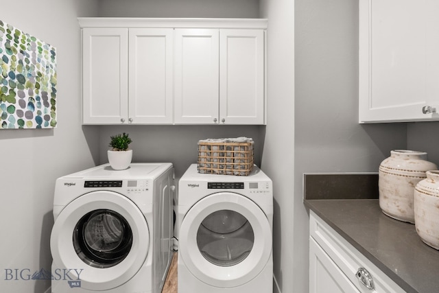 laundry room with washing machine and clothes dryer and cabinet space
