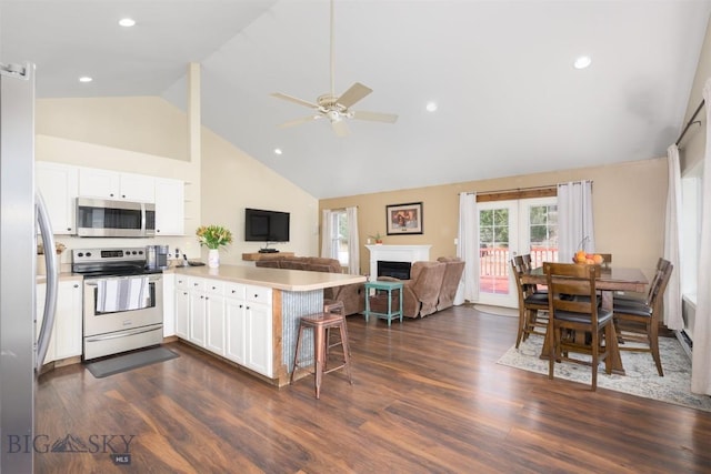 kitchen with ceiling fan, a peninsula, white cabinets, appliances with stainless steel finishes, and open floor plan