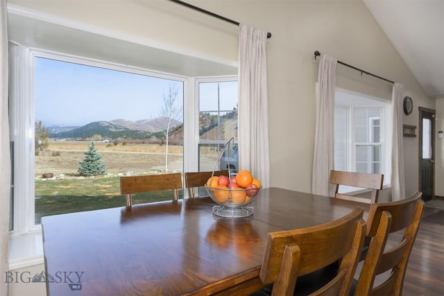 dining room with wood finished floors, a mountain view, and lofted ceiling