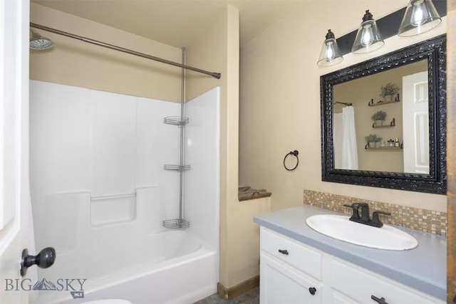 full bathroom with shower / tub combo with curtain and vanity