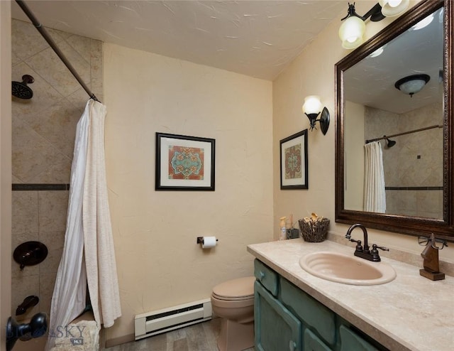 bathroom featuring vanity, a shower with curtain, toilet, wood finished floors, and a baseboard heating unit