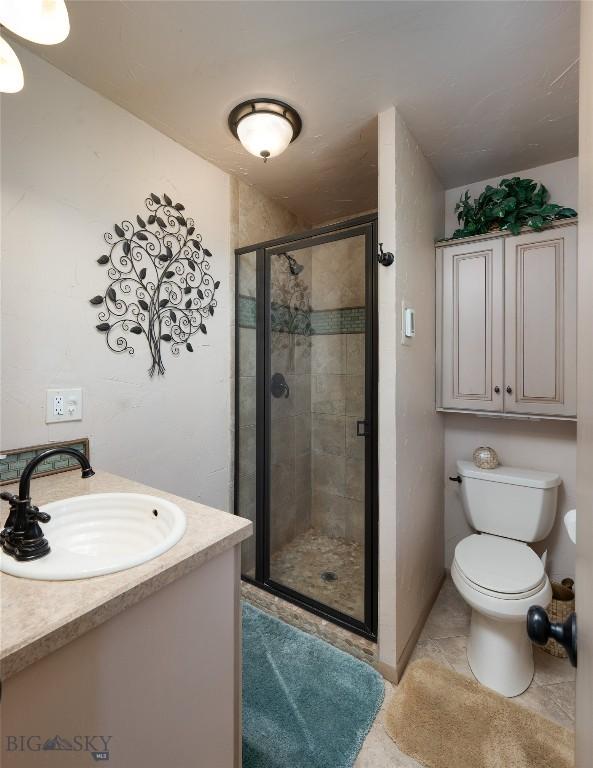 full bathroom with tile patterned flooring, toilet, a stall shower, and vanity