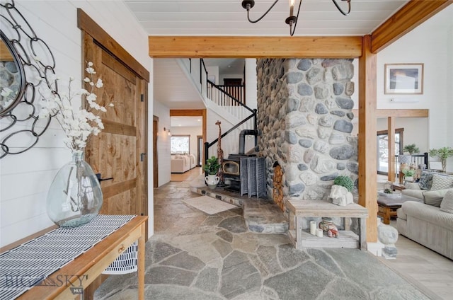 280 High Ridge Rd, Bozeman, MT 59715 - interior space featuring a wood stove and stairway