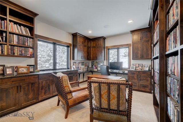280 High Ridge Rd, Bozeman, MT 59715 - office area featuring recessed lighting, built in study area, and light colored carpet