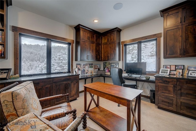280 High Ridge Rd, Bozeman, MT 59715 - home office featuring light colored carpet, built in study area, and recessed lighting