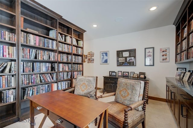 280 High Ridge Rd, Bozeman, MT 59715 - office area featuring light colored carpet, baseboards, bookshelves, and recessed lighting