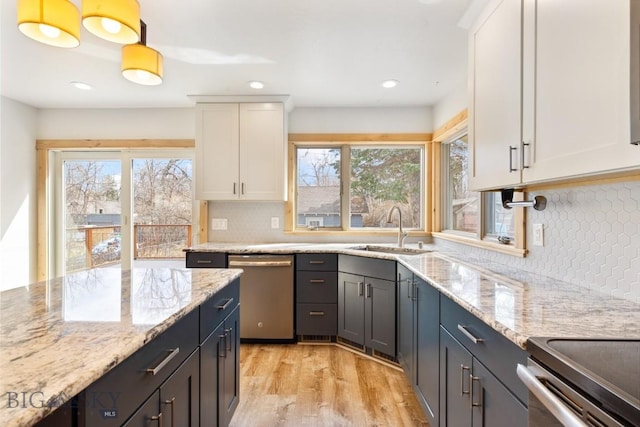 614 S 6th, Bozeman, MT 59715 - kitchen featuring dishwasher, a sink, light wood-style floors, white cabinetry, and decorative backsplash