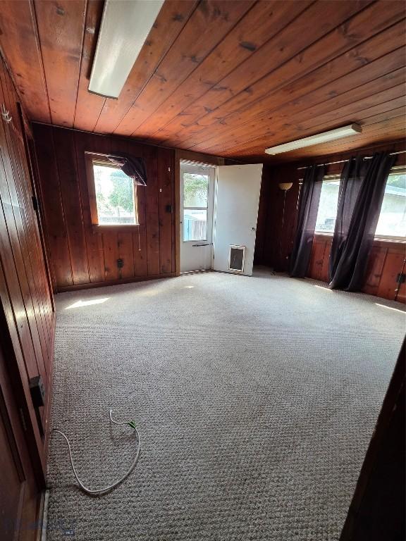 201 S Brooke St, Whitehall, MT 59759 - spare room featuring wood ceiling, wood walls, and carpet flooring