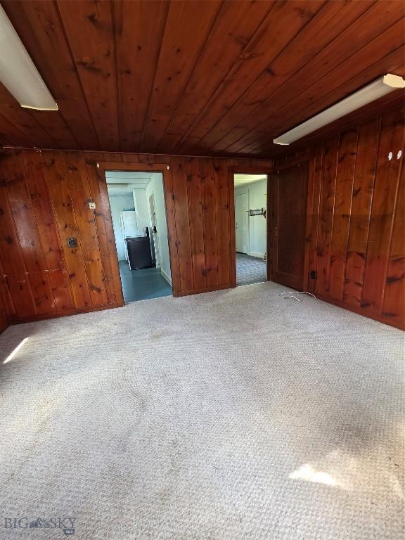 201 S Brooke St, Whitehall, MT 59759 - spare room with wooden walls, wood ceiling, and carpet