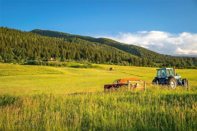 mountain view featuring a wooded view and a rural view