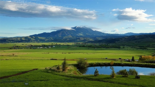 mountain view featuring a rural view and a water view