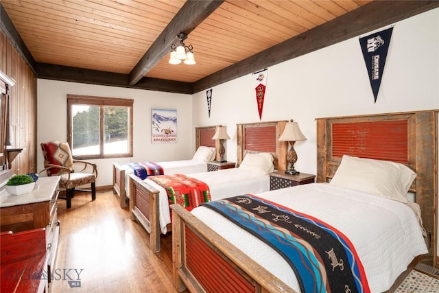 bedroom featuring wood finished floors, beamed ceiling, and wooden ceiling