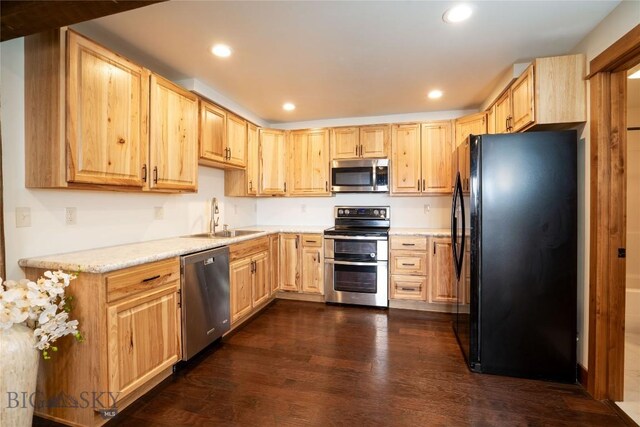 kitchen featuring dark wood-style floors, light brown cabinets, a sink, and appliances with stainless steel finishes