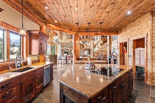 569/571 Cinnabar Basin Rd, Gardiner, MT 59030 - kitchen featuring wood ceiling, a sink, dishwasher, recessed lighting, and black electric stovetop