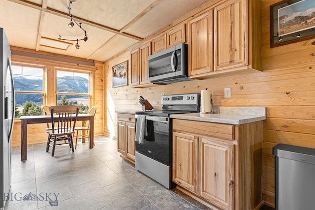 569/571 Cinnabar Basin Rd, Gardiner, MT 59030 - kitchen featuring appliances with stainless steel finishes, wooden walls, and light countertops