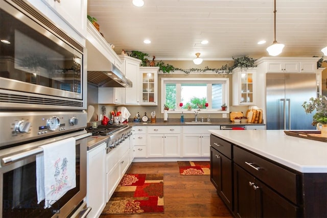 46 Rapelje Rd, Big Timber, MT 59011 - kitchen featuring dark wood-type flooring, glass insert cabinets, white cabinets, and built in appliances