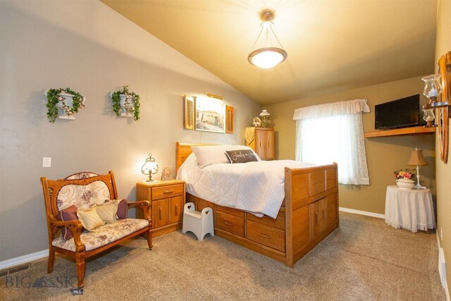46 Rapelje Rd, Big Timber, MT 59011 - bedroom featuring light carpet, visible vents, baseboards, and vaulted ceiling