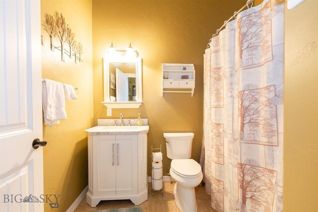 46 Rapelje Rd, Big Timber, MT 59011 - bathroom featuring tile patterned flooring, vanity, a shower with curtain, and toilet