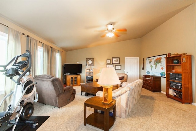 46 Rapelje Rd, Big Timber, MT 59011 - living area featuring light colored carpet, a ceiling fan, and lofted ceiling
