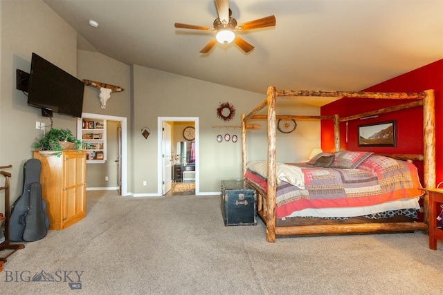 46 Rapelje Rd, Big Timber, MT 59011 - bedroom with carpet floors, baseboards, high vaulted ceiling, and a ceiling fan